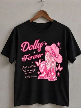 Gildan Shirt Dolly Parton Forever Black Tee with Pink Graphic